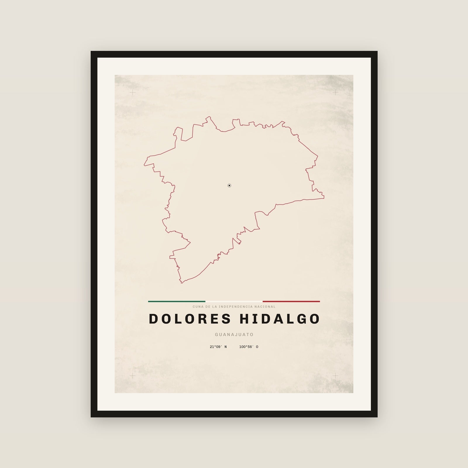 Dolores Hidalgo Cuna de la Independencia Nacional, Guanajuato map print — exact INEGI boundary