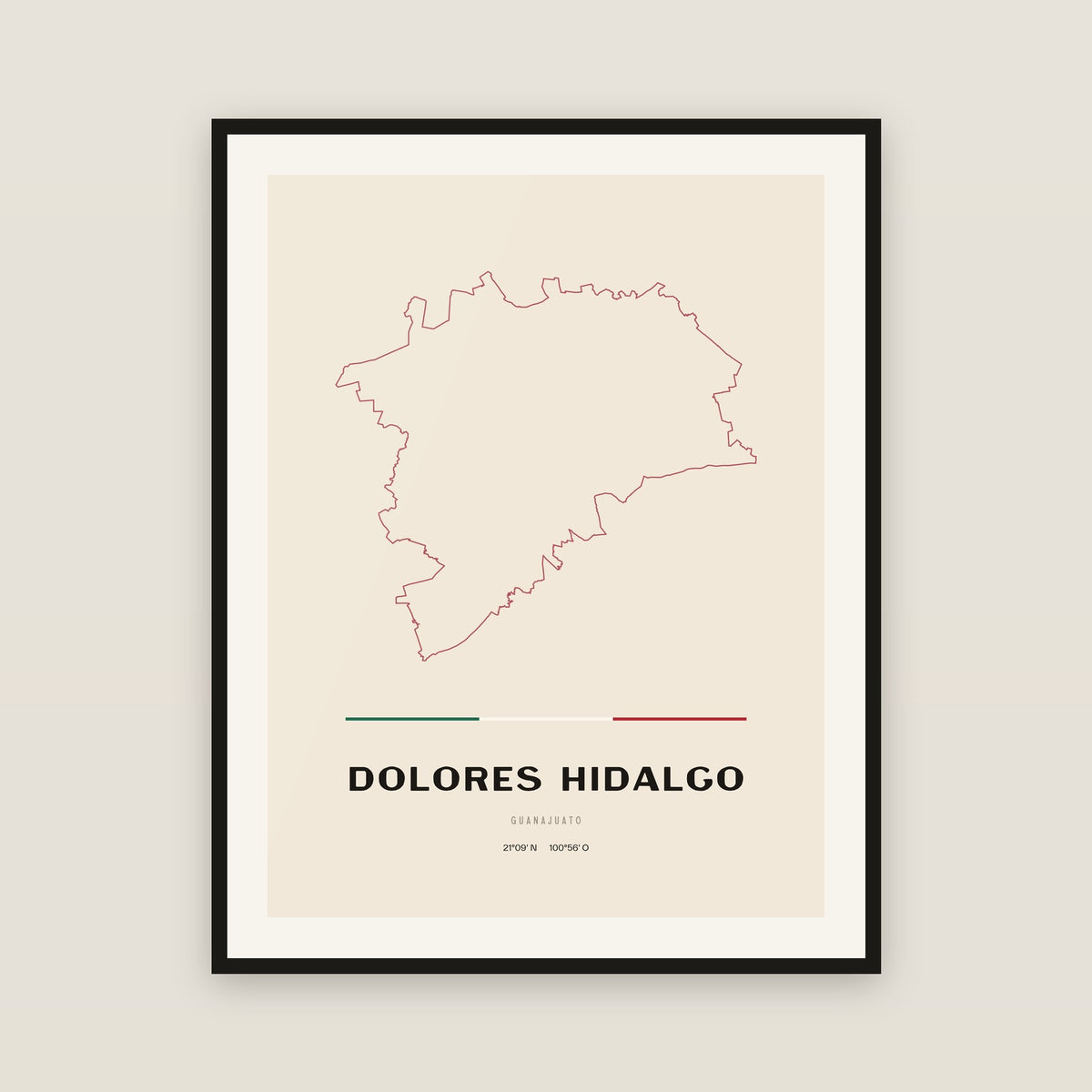 Dolores Hidalgo Cuna de la Independencia Nacional, Guanajuato map print — exact INEGI boundary