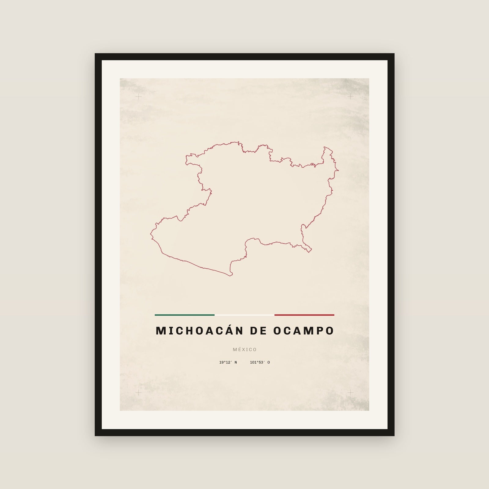 Michoacán de Ocampo map print — exact INEGI boundary