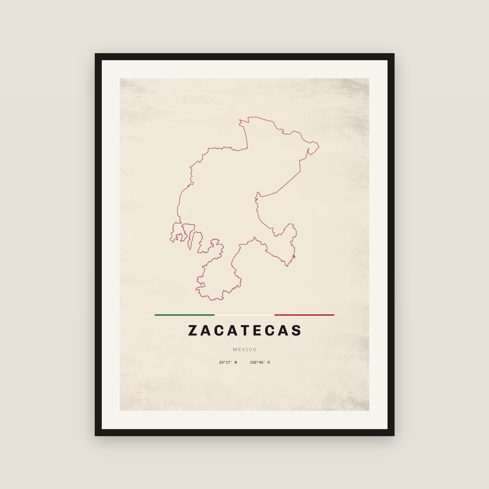 Zacatecas map print — exact INEGI boundary
